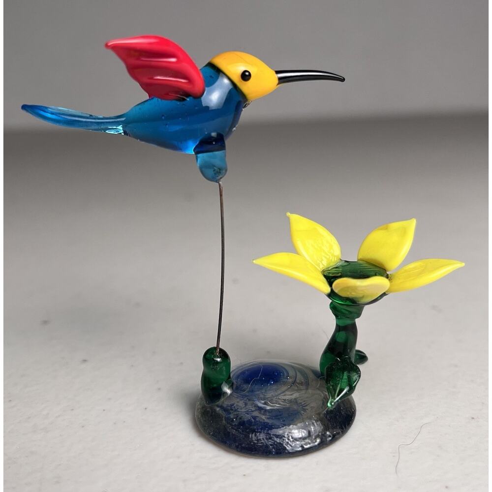 Hand Blown Glass Hummingbird Figurine with Flower Colorful Miniature Mini Decor